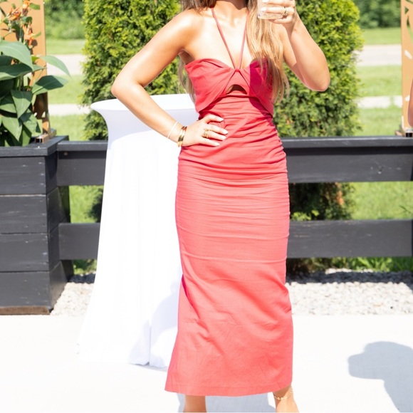ZARA Halter Fuchsia Linen Cut Out Midi Dress - Picture 7 of 7